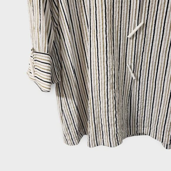 Ali Miles Size Medium Tan Black Stripe Button Front Tunic Top Lagenlook Artsy - Picture 3 of 13